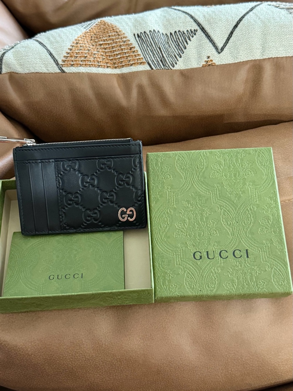 Gucci Black Embossed GG Leather Card Holder with Gold Logo